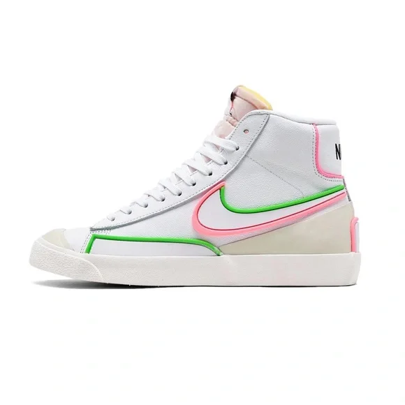 Nike Blazer Mid ‘77 Infinite White High-Top Sneakers, Pink and Electric Green - Picture 1 of 8